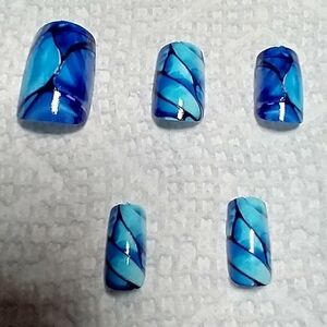Press on nails blue black abstract marble set